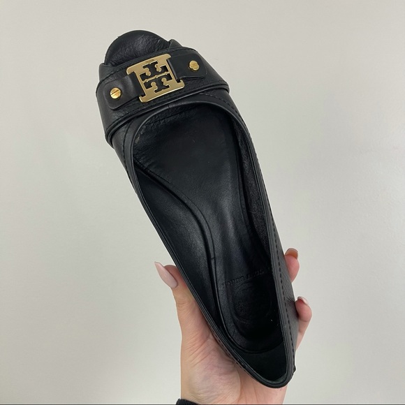 TORY BURCH Black Leather Clines Peep-Toe Ballerina Flats - Picture 9 of 11